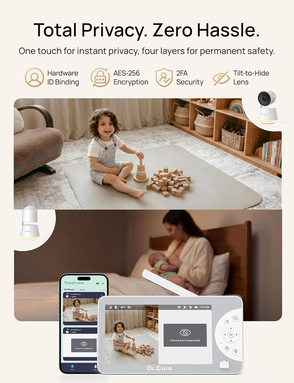 Dr.Care LumiView Max Smart WiFi Baby Monitor with 2 Camaras- 7' 1080P FHD & 2K Camera, Privacy Mode, Cry & Motion Detection, 6000mAh Removable Battery, RGB Night Light, Snapshot & Video Recording