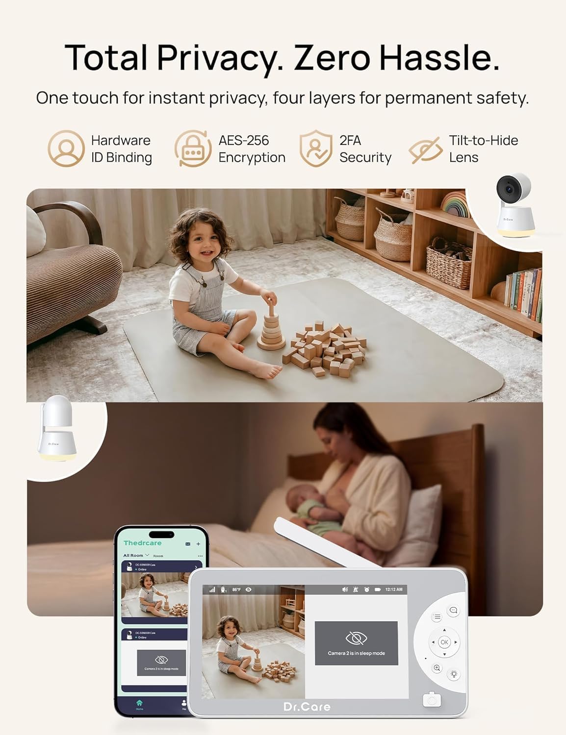Dr.Care LumiView Max Smart WiFi Baby Monitor with 2 Camaras- 7' 1080P FHD & 2K Camera, Privacy Mode, Cry & Motion Detection, 6000mAh Removable Battery, RGB Night Light, Snapshot & Video Recording
