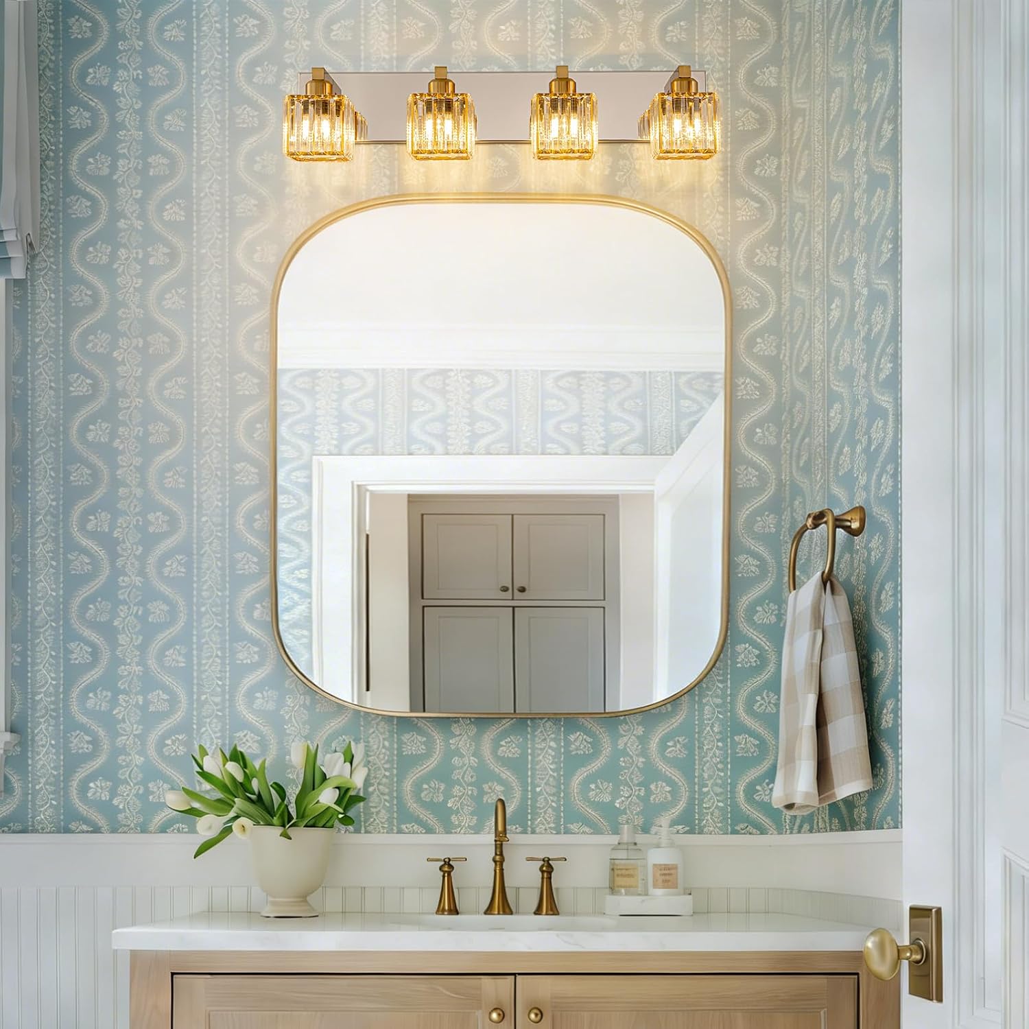 Crystal Bathroom Vanity Light Gold Chrome 4-Light Modern Chrome Vanity Light for Bathroom Square Wall Sconce