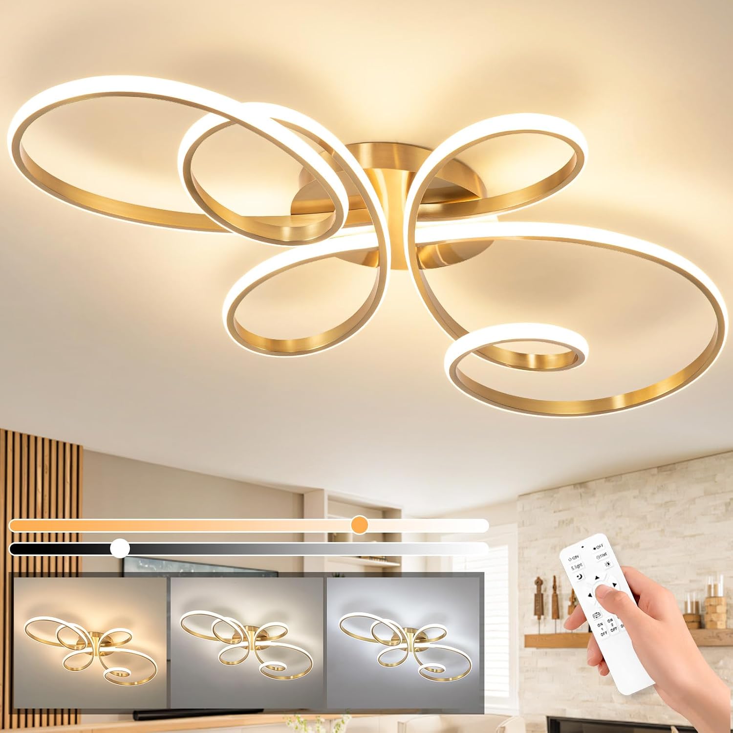 20inch Modern LED Ceiling Light, 5 Rings Flower Black Dimmable Ceiling Lamp for Living Room, Bedroom, Dining Room, Kitchen (Gold,39.37Inch)
