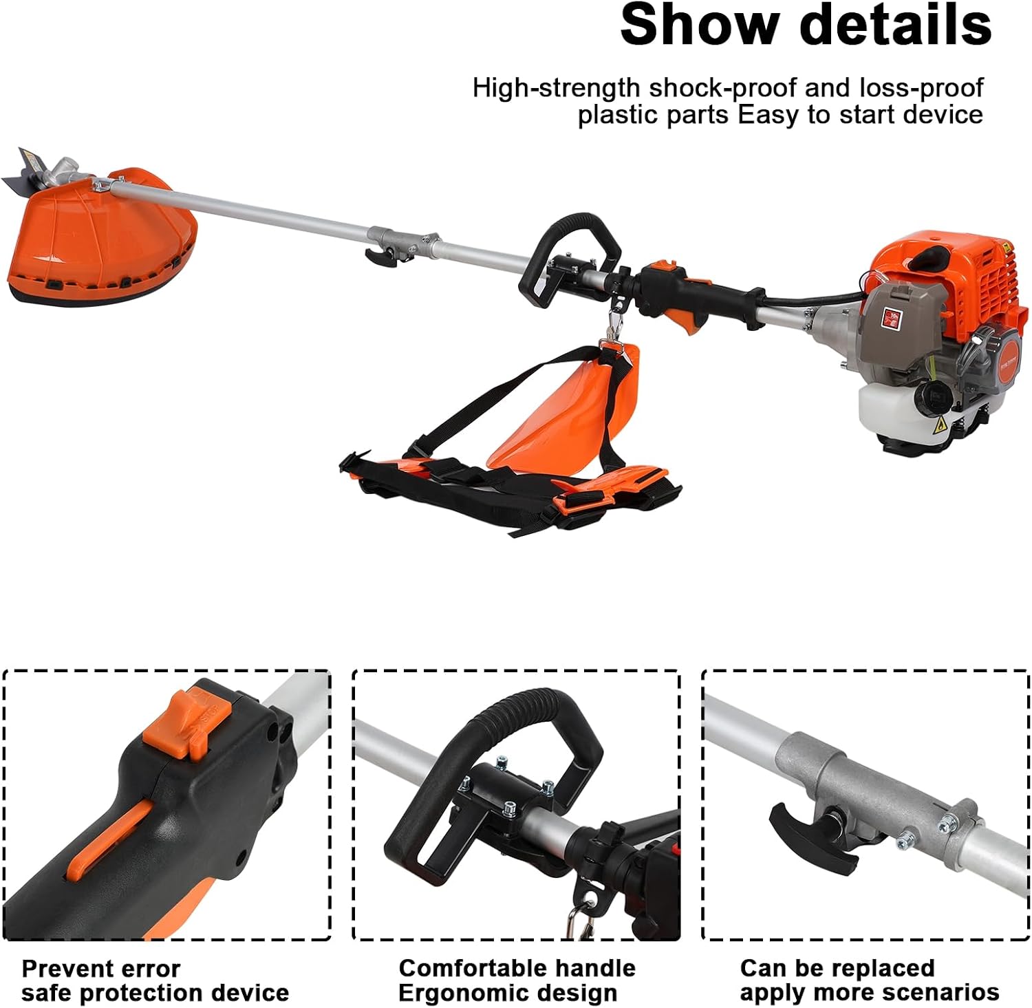 5 in 1 Lawn Mower,52CC 2-Stroke Gas Weed Trimmer,Cordless Hedge Trimmer,Brush Cutter,Handheld Chainsaw Weed Wacker with 1.2l Fuel Tank,2.3KW/8000-9500RPM Orange