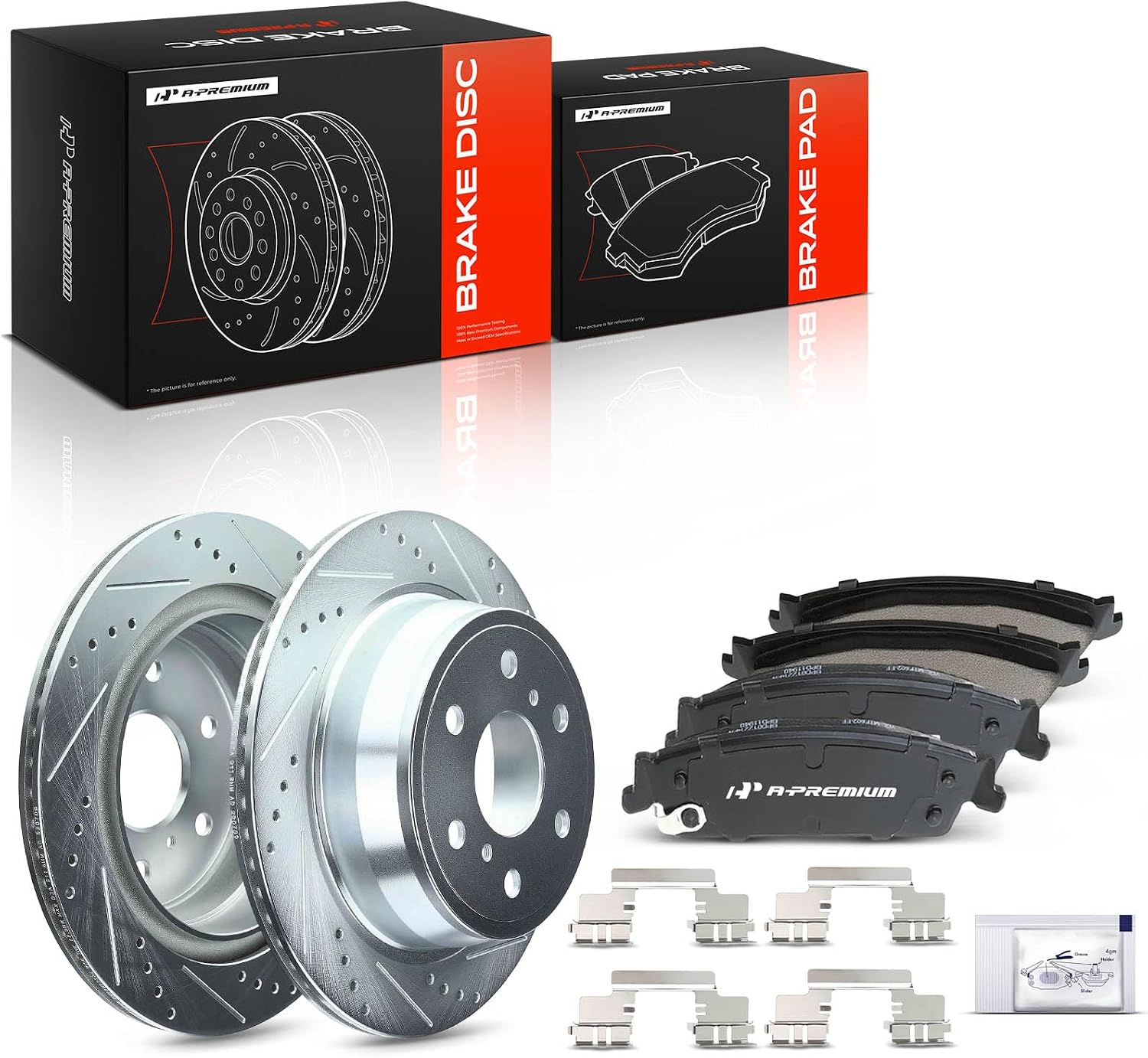 A-Premium 13.58 inch(345 mm) Rear Drilled and Slotted Disc Brake Rotors + Ceramic Pads Kit Compatible with Select Chevy, Cadillac and GMC Models - Escalade, Silverado 1500, Suburban 1500, Sierra 1500