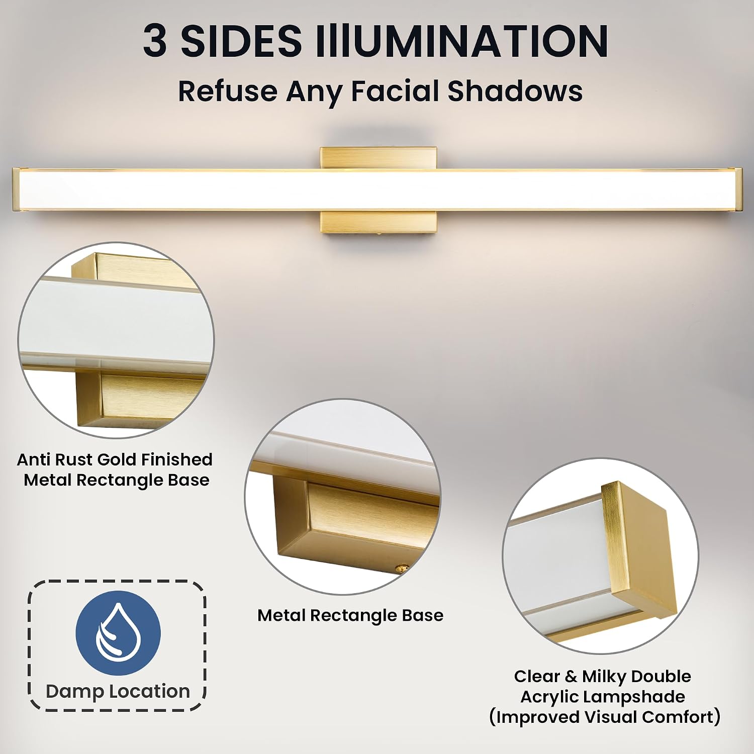 Modern LED Bathroom Vanity Light 36 inch 24W Dimmable 3CCT Bathroom Light Fixture Over Mirror Rectangle Bath Vanity Light Bar with Double Layer Acrylic Shade (Golden)