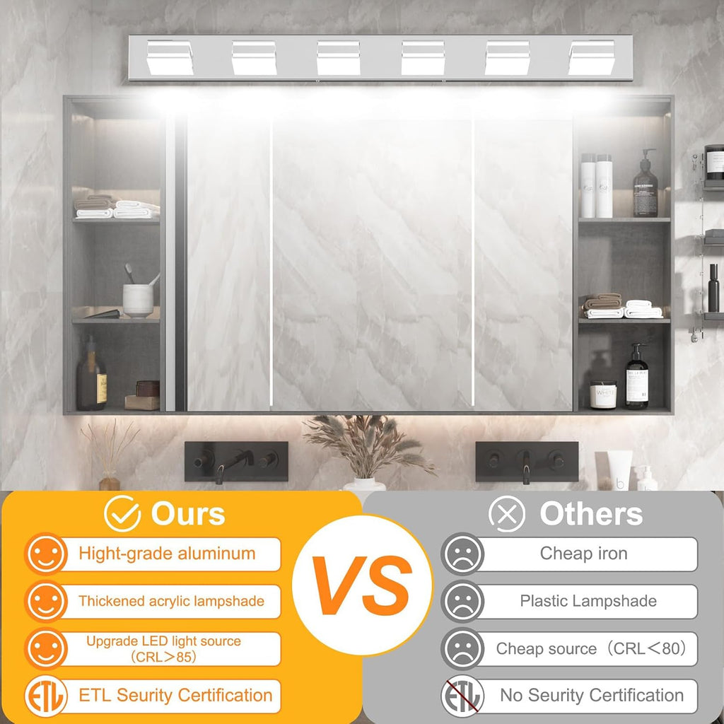 Ralbay Chrome Bathroom Vanity Light Fixtures 48inch 6-Light Acrylic Chrome Modern LED Bathroom Wall Vanity Lighting Fixtures Over Mirror