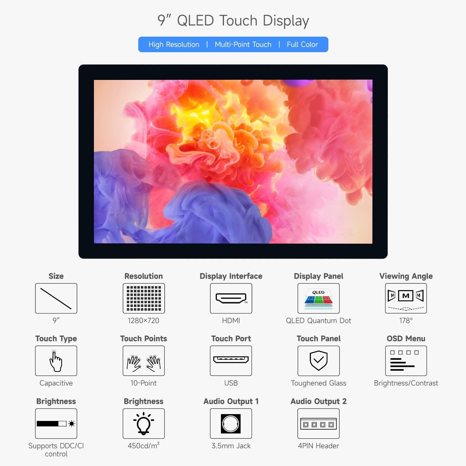 waveshare 9inch QLED Quantum Dot Display, 1280×720, Compatible with Raspberry Pi 5/4B/3B/Zero/Zero W/Zero 2W/Pico/Pico W/Pico WH, Supports Windows 11/10/8.1/8/7