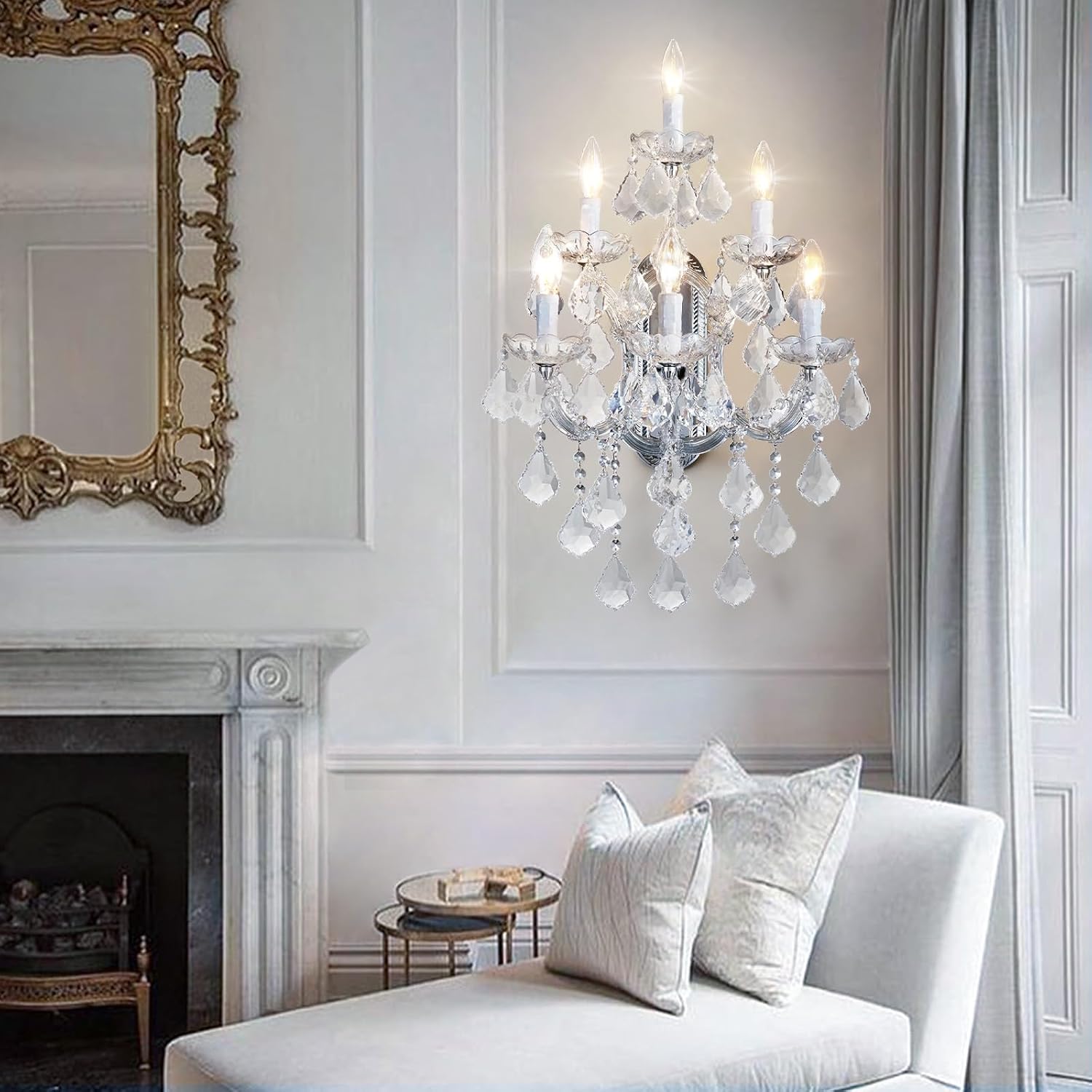 Modern Crystal Wall Sconce Lights- 6 Light Maria Theresa Crystal Wall Sconces Lighting Chrome Wall Lamp Chandelier Light Fixtures for Living Room Wall Sconce Light Walls Mounted Lamp