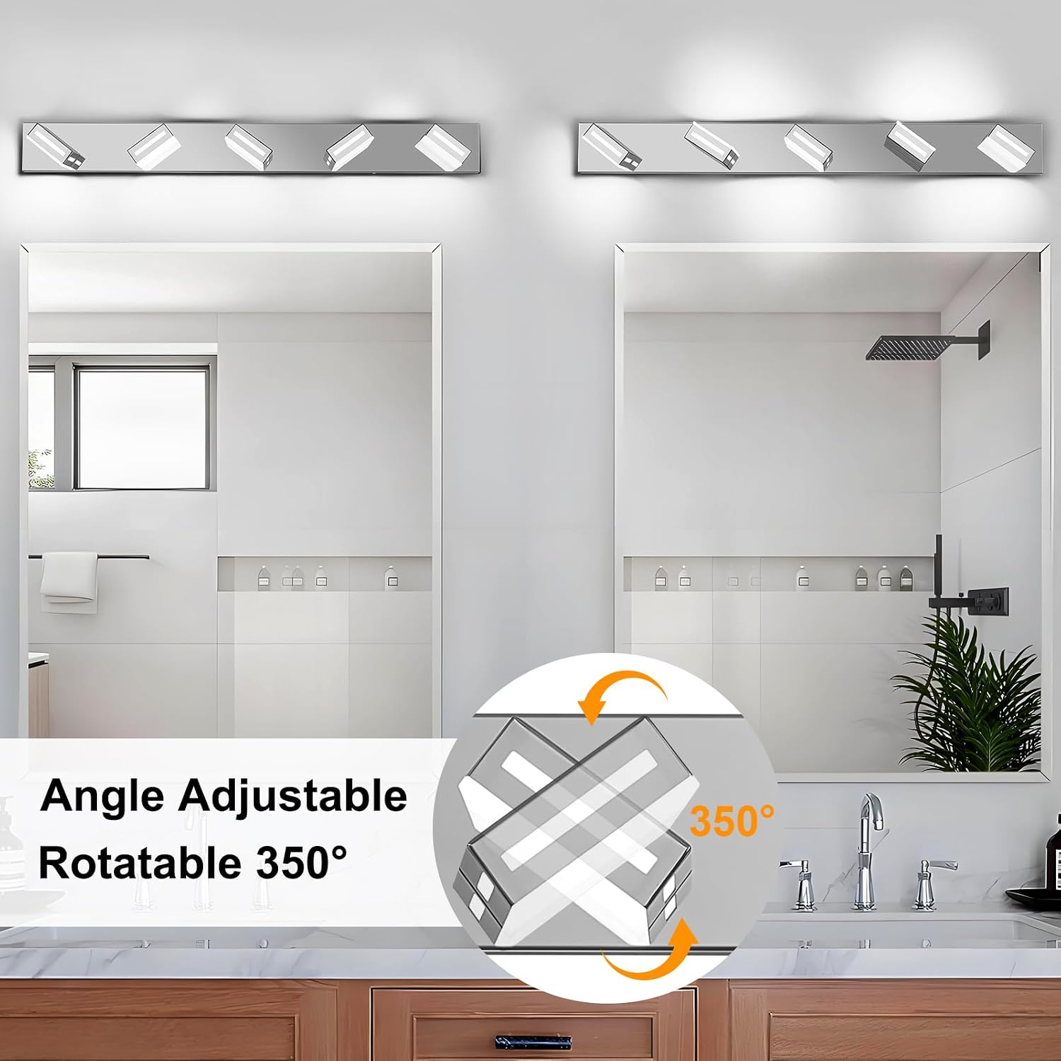 LED Modern Bathroom Light Fixtures, 5-Light 40-Inch Chrome Vanity Lights for Bathroom Lighting Fixtures Over Mirror, 6000K Cool White 350° Rotatable Wall Lamp