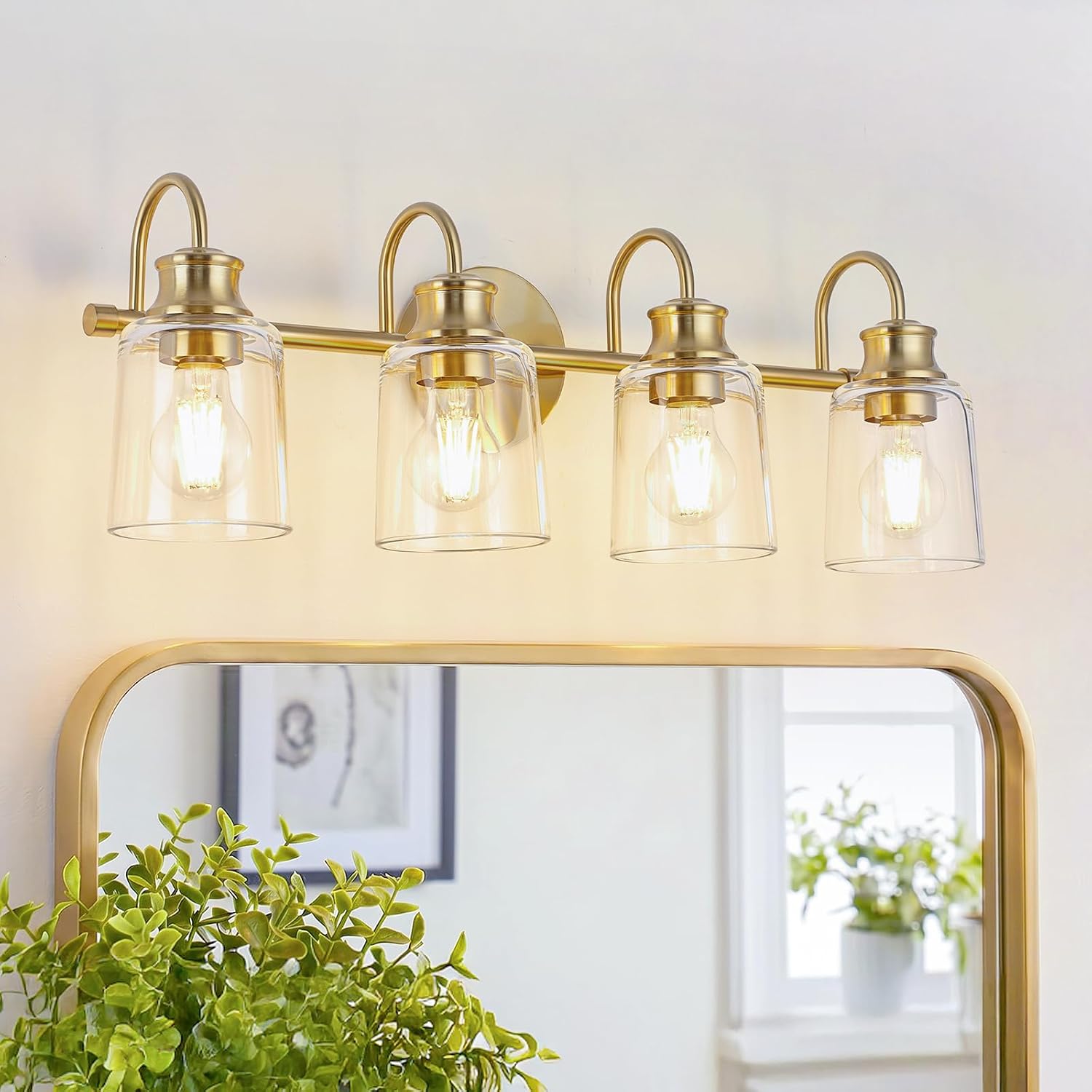 4 Lights Bathroom Light Fixtures Modern Gold Vanity Lights for Bathroom Lighting Fixtures Over Mirror with Clear Glass Shade for Cabinet Mirror Bedroom Hallway