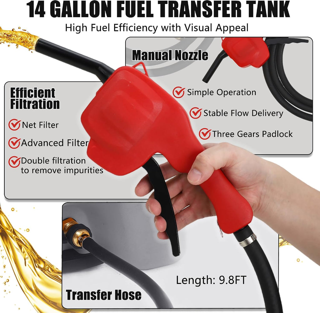 14 Gallon Portable Fuel Tank with Wheels, Red Gas Caddy with Manual Siphon Pump & 10FT Hose, T-Handle for Easy Carry, Included for Cars, ATVs, Boats, Generators - Gray