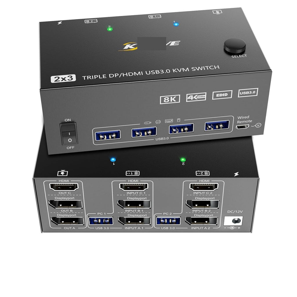 KVM Switch 3 Monitors 2 Computers,Triple Monitors KVM Switch DisplayPort HDMI 3 Ports 8K@60Hz 4K@144Hz Extended Display(203DH AU Plug)