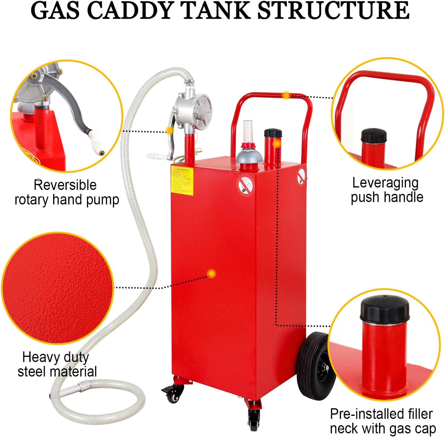 30 Gallon Gas Caddy with Pump on 4 Wheels, Portable Fuel Storage Tank, Manual Transfer Pump for Gasoline & Diesel, Stainless Steel for Cars, Lawn Mowers, ATVs, Boats