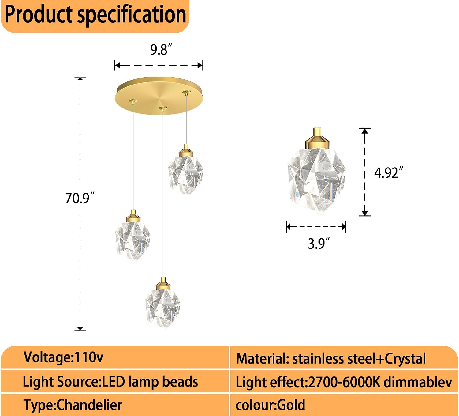 Gold Pendant Light Dimmable LED 3-Light Modern Pendant Light Kitchen Island Dining Room Bar