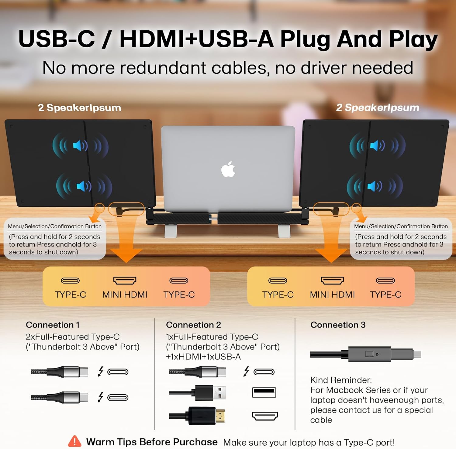 14' Laptop Screen Extender Smart Base - Upgraded Triple Portable Monitor FHD 1080P -300% More Efficient, 360° Rotation/Detachable Dual Display, Plug-Play USB C/HDMI,Laptop Monitor Extender for Win/Mac