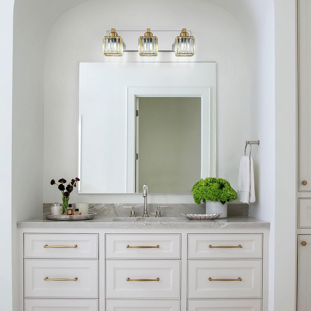 Gold Chrome Crystal Bathroom Light 3-Light Modern Bathroom Vanity Light Fixtures Over Mirror Wall Sconce