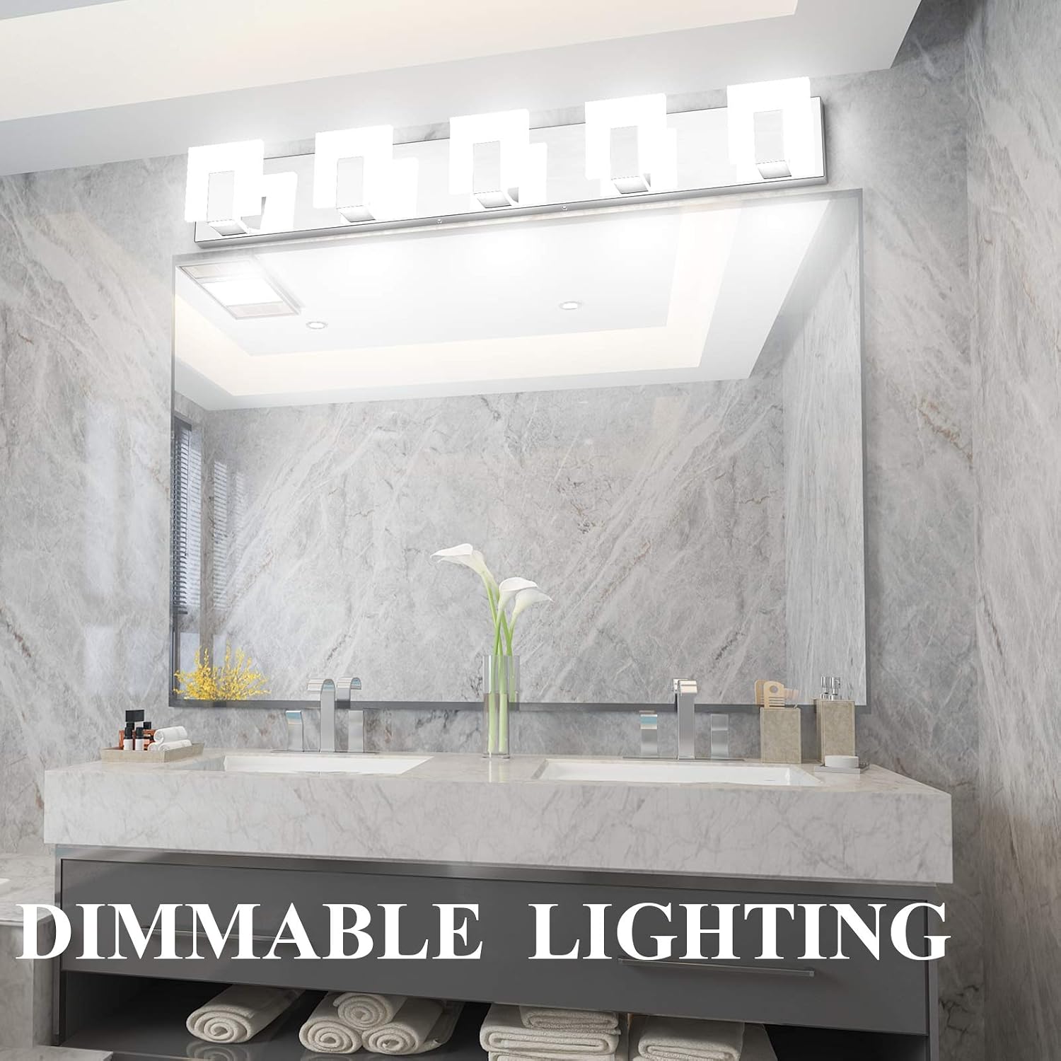 Aipsun Modern 5-Light LED Vanity Light - Dimmable Chrome Bathroom Wall Light Over Mirror (White Light)