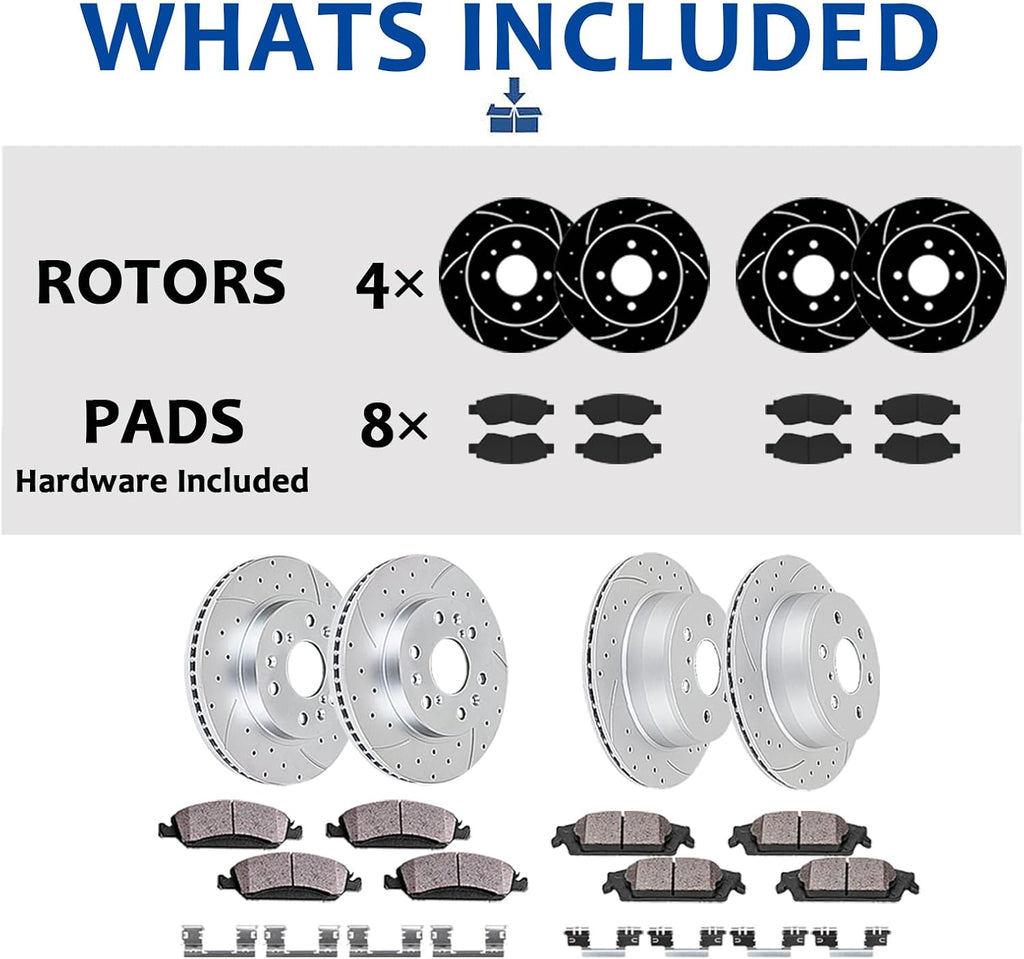 Front(12') and Rear(12.99') Brake Kit Fit for Chevrolet Avalanche Silverado Suburban Tahoe Cadillac Escalade ESV EXT GMC Sierra Yukon Drilled and Slotted Brake Rotors Ceramic Brake Pads Fit 4WD/AWD