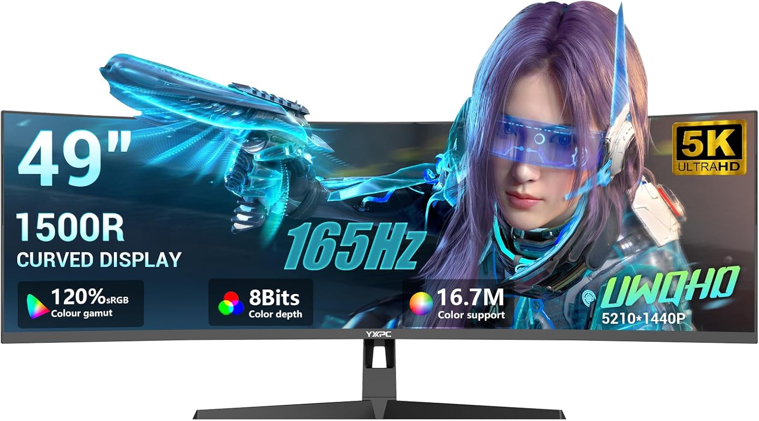 49' inch Curved Ultrawide Gaming Monitor DQHD 5120x1440 165Hz 32:9 1500R 120% sRGB FreeSync,HDR10,PIP/PBP,1ms MPRT,Eye Care,HDMI 2.1 * 2, DP1.4 * 2, VESA(100mm*100mm) Wall Mount Ready