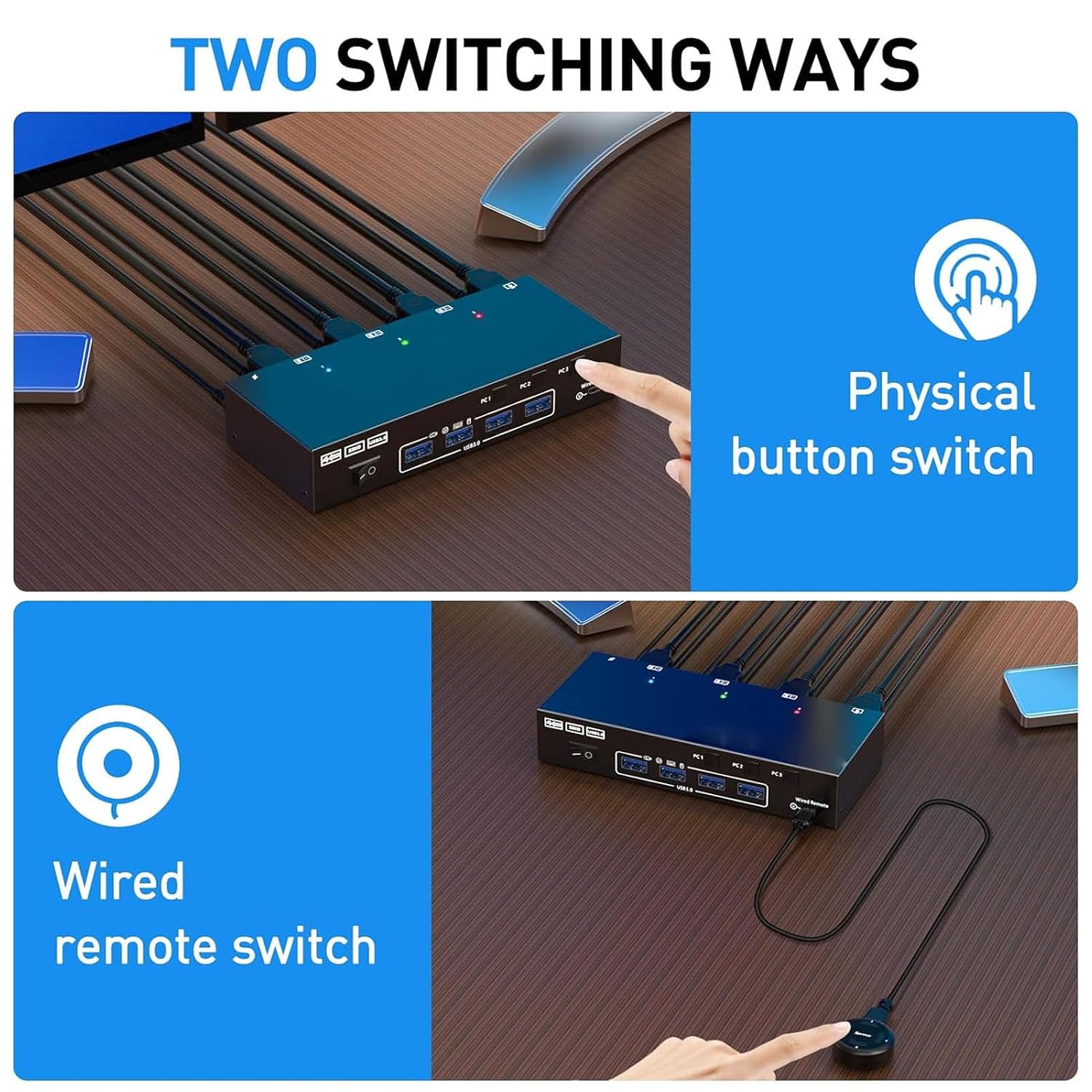 KVM Switch 2 Monitors 3 Computers, Share 4 USB Ports, USB3.0 KVM Switch for Keyboard Mouse Printer Support 4K@60HZ, Dual Monitor Kvm Switcher Support Extended & Duplicate