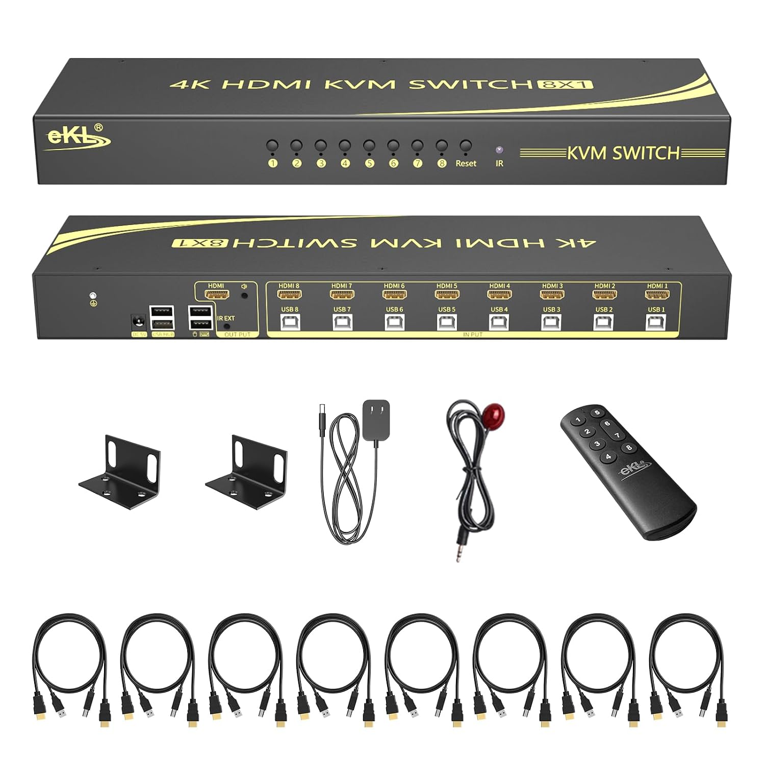 eKL 8 Port HDMI KVM Switch Supports 3.5mm Audio Extractor 4K@60Hz 4:4:4 Hotkeys Swapping 8 in 1 Out 8 PCs Sharing with One Set of Keyboard and Mouse