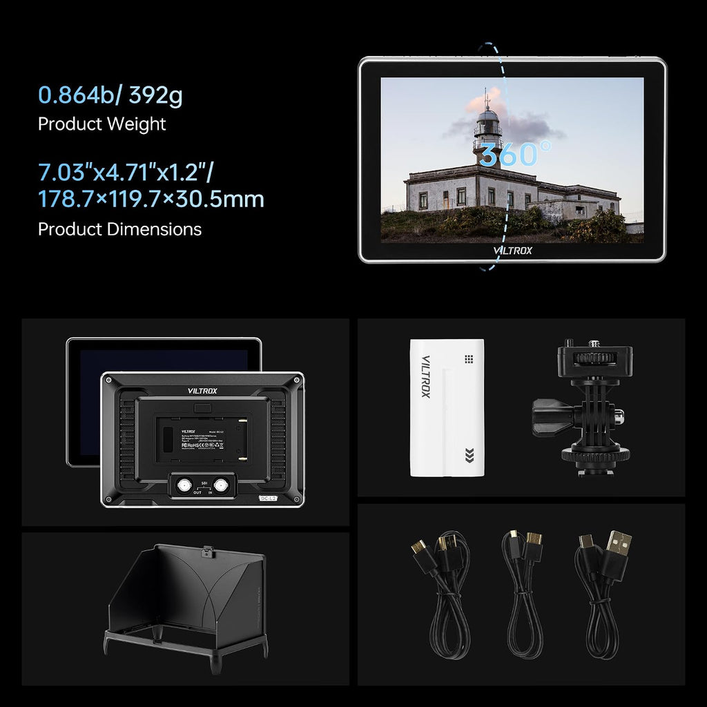 VILTROX DC-L2 7' 4K SDI/HDMI Camera Field Monitor with Touchscreen, 1280×800 IPS 600nit Display, 3D LUT, Full Waveform, RGB Histogram, Y Parade, False Color, Focus Peaking, Type-C/DC/NP-F Power