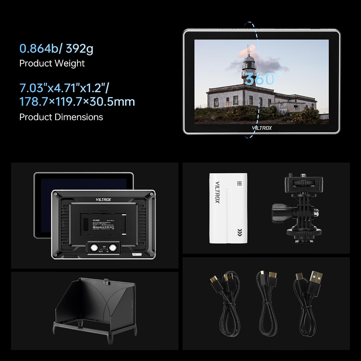 VILTROX DC-L2 7' 4K SDI/HDMI Camera Field Monitor with Touchscreen, 1280×800 IPS 600nit Display, 3D LUT, Full Waveform, RGB Histogram, Y Parade, False Color, Focus Peaking, Type-C/DC/NP-F Power