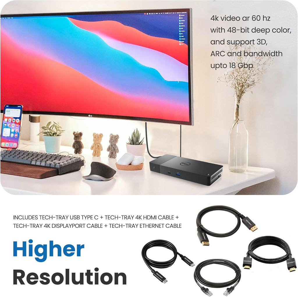Dell WD22TB4 Thunderbolt 4 Dock 180W - 40Gbps, 3-Year Warranty, USB-C/USB-A Dell Docking Station with 180W Adapter + Techtray Cables & Cloth - Supports Dual/Triple Monitor & 4K Displays (New)