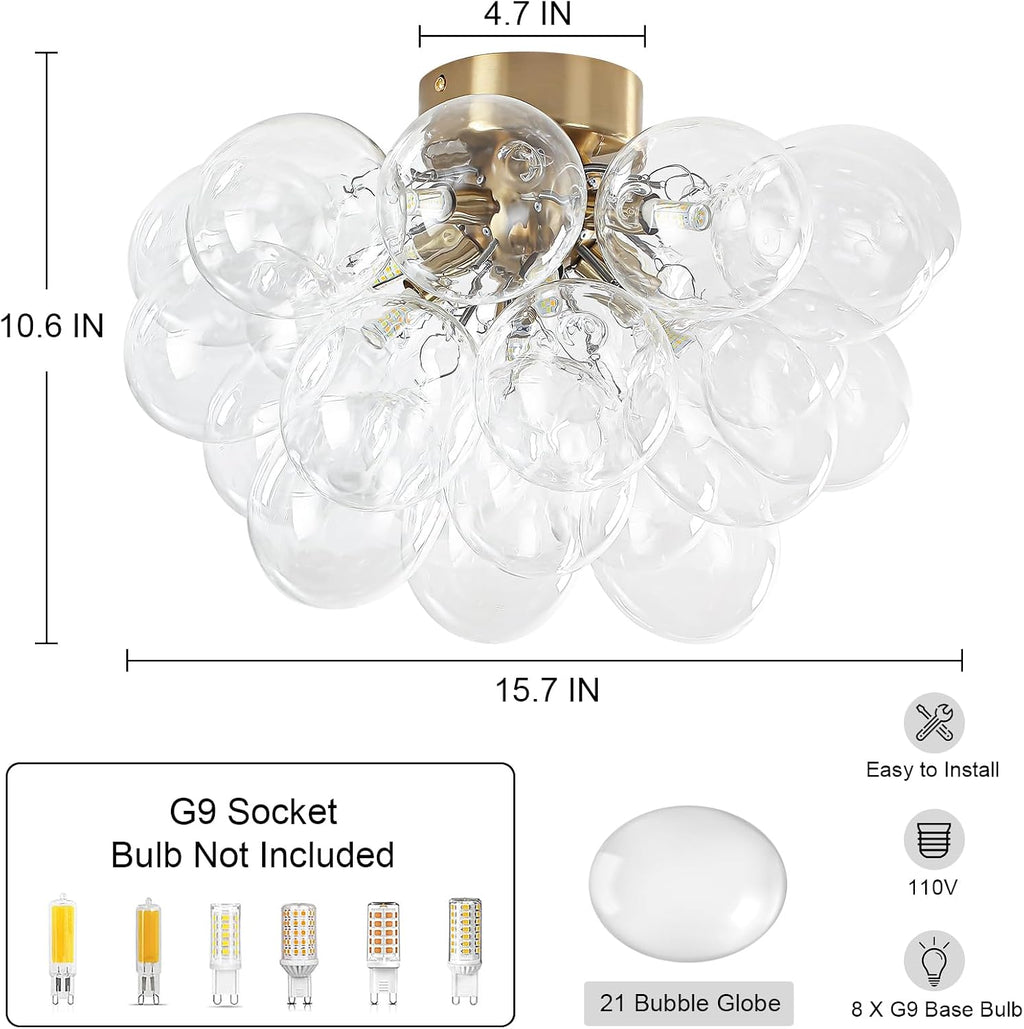 8-Light Flush Mount Ceiling Light, 16' Glass Bubble Ball Chandelier with 21 Clear Balls, Modern Globe Dining Room Light Fixture for Bedroom, Living Room, Hallway, Entry, Bathroom