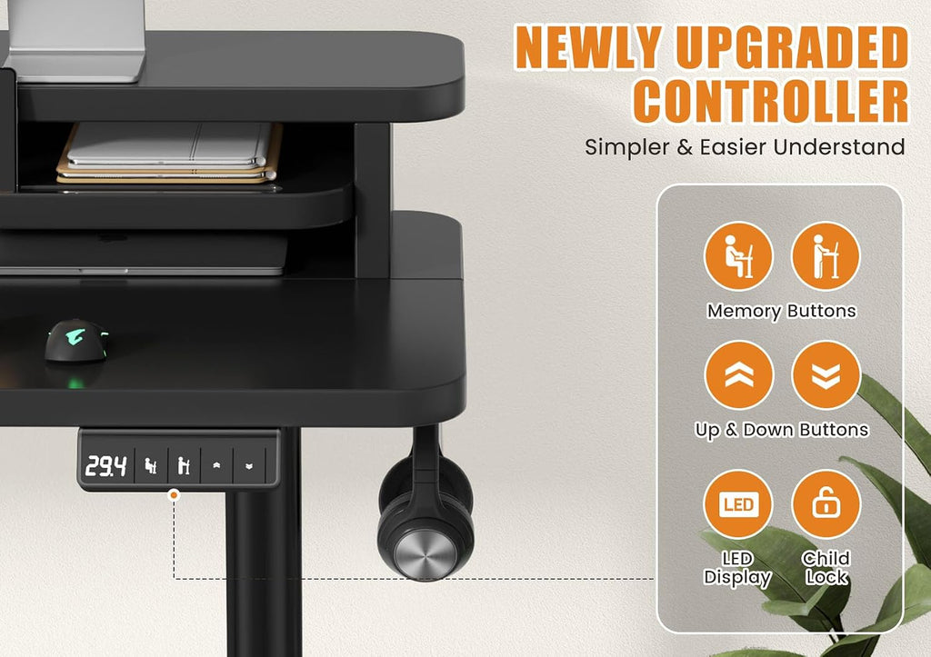 Flycity Electric Standing Desk with Dual Monitor Stand, Height Adjustable Desk Sit Stand Desk with Memory Controller, Casters & 2 Hooks, Low Noise Home Office Desk (Black, 48' x 24')