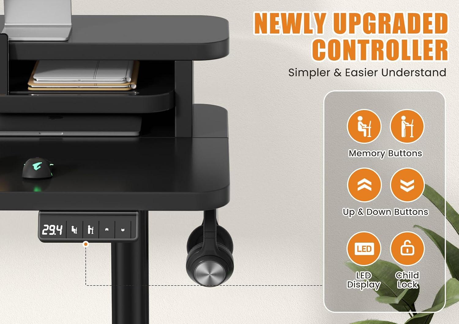 Flycity Electric Standing Desk with Dual Monitor Stand, Height Adjustable Desk Sit Stand Desk with Memory Controller, Casters & 2 Hooks, Low Noise Home Office Desk (Black, 48' x 24')