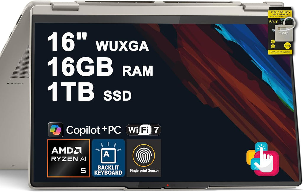 Lenovo Yoga 7 2-in-1 Laptop 16' WUXGA IPS Touch (Glossy Anti-Fingerprint) AMD 8-core Ryzen AI 5 340 (Up to 50 AI Tops) 16GB RAM 1TB SSD for Creator Business Professional Win11 ICP Hub