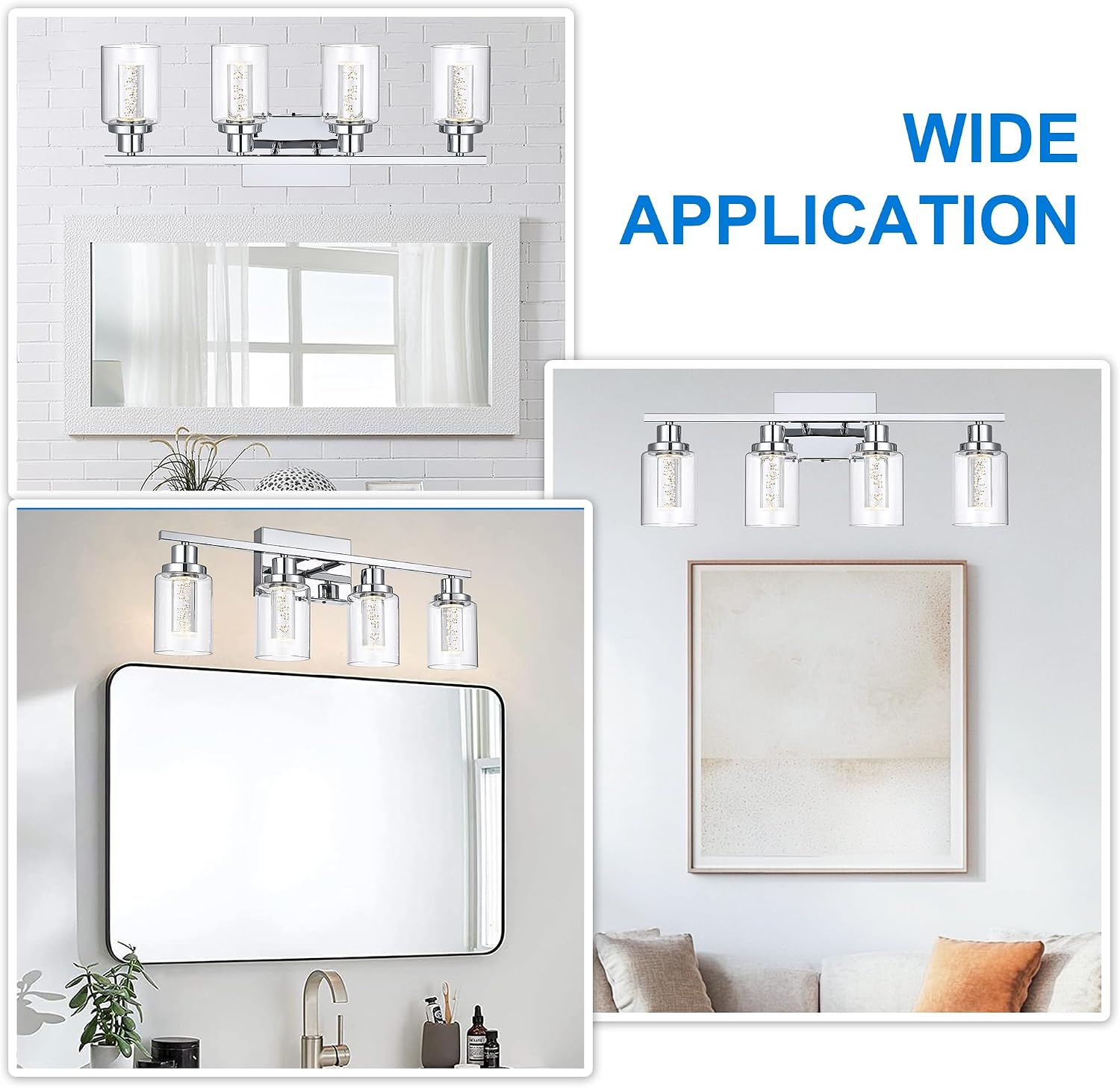 MELUCEE 5 Color Dimmable LED Bathroom Light Fixtures 4 Light Chrome Vanity Lights Bathroom Lights Over Mirror Wall Light Fixtures with Crystal Bubble Clear Glass Shade, Built-in LED Chips
