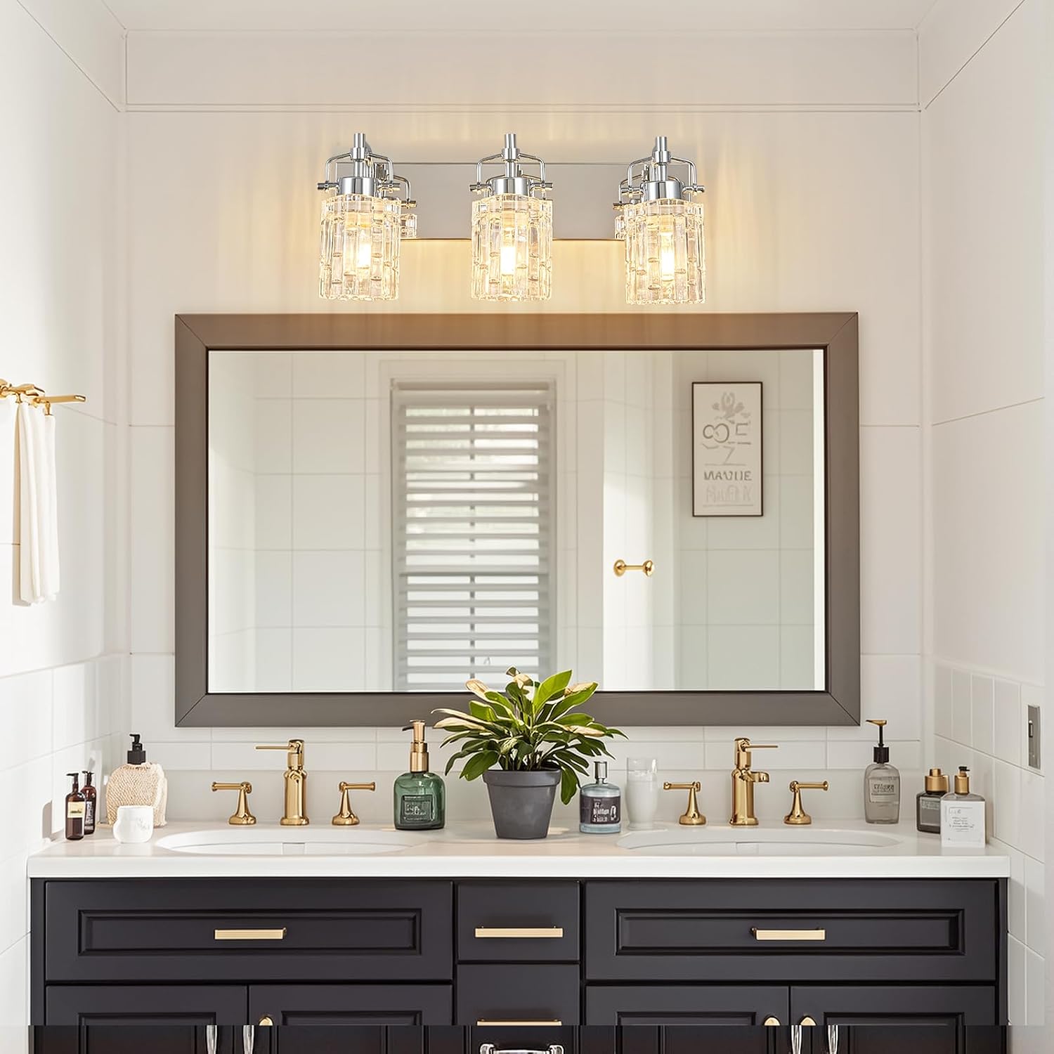 3 Light Crystal Glass Vanity Light, Chrome Bathroom Lighting Fixtures Over Mirror Modern Bath Wall Sconce Lighting for Bedroom Living Room