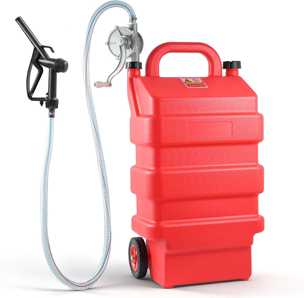 16 Gallon Fuel Caddy, Portable Gas Storage Tank with Manual Transfer Pump, Hose & 2 Wheels, Gasoline Diesel Fuel Container for Cars, ATVs, Boats, Lawn Mowers, Red
