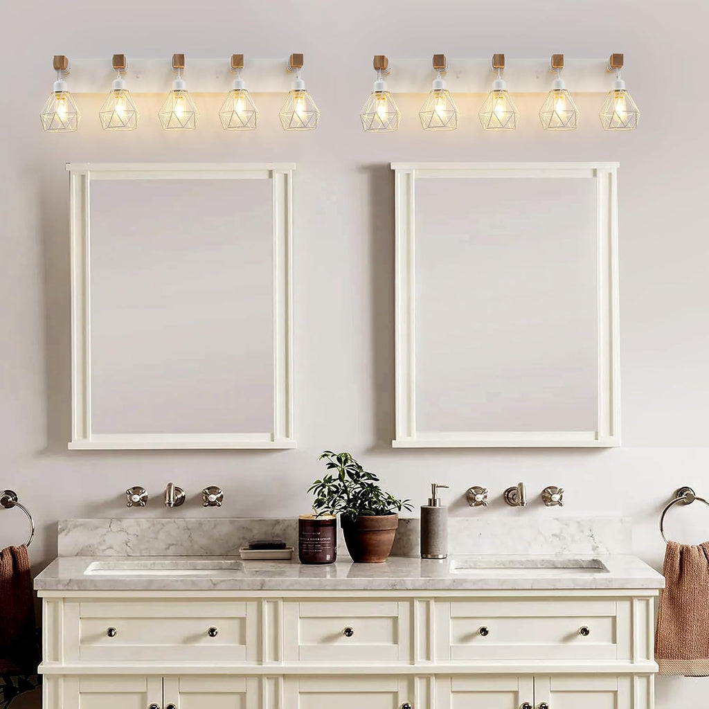 Farmhouse Vanity Light for Bathroom, 5-Light White Wood Bathroom Vanity Light Fixtures Over Mirror, Rustic Sconces Wall Lighting with Metal Lampshade for Living Room, Bedroom, Hallway