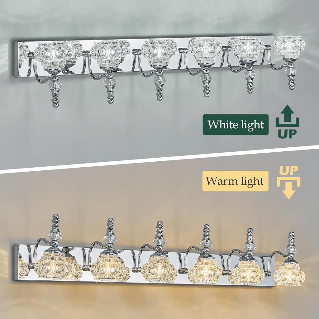 Modern Glass Crystal Vanity Light - Vintage Bathroom Lighting Fixtures Over Mirror, 6 Light Vanity Lights G9 Bulb (43.3 Inch, Chrome)