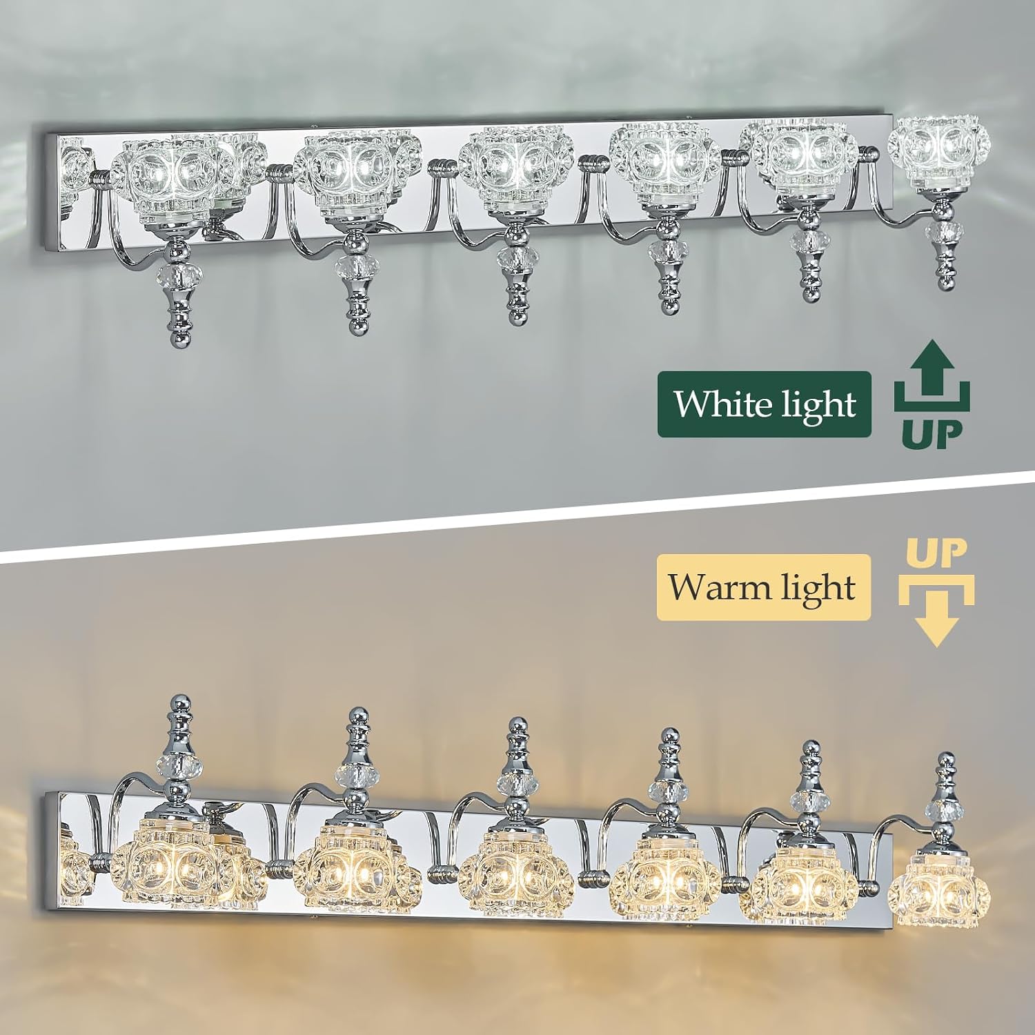 Modern Glass Crystal Vanity Light - Vintage Bathroom Lighting Fixtures Over Mirror, 6 Light Vanity Lights G9 Bulb (43.3 Inch, Chrome)