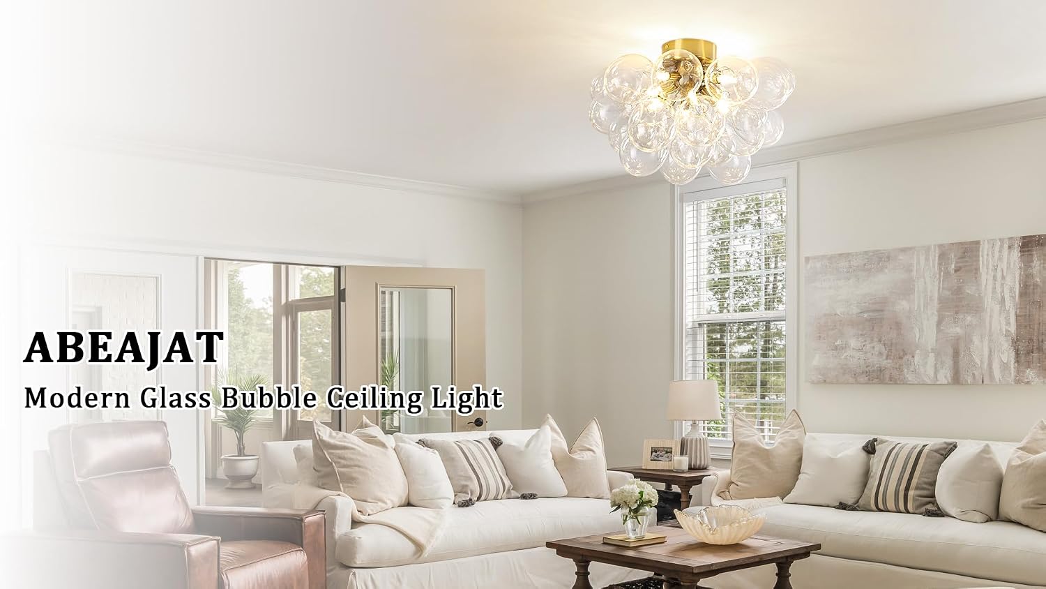 8-Light Flush Mount Ceiling Light, 16' Glass Bubble Ball Chandelier with 21 Clear Balls, Modern Globe Dining Room Light Fixture for Bedroom, Living Room, Hallway, Entry, Bathroom
