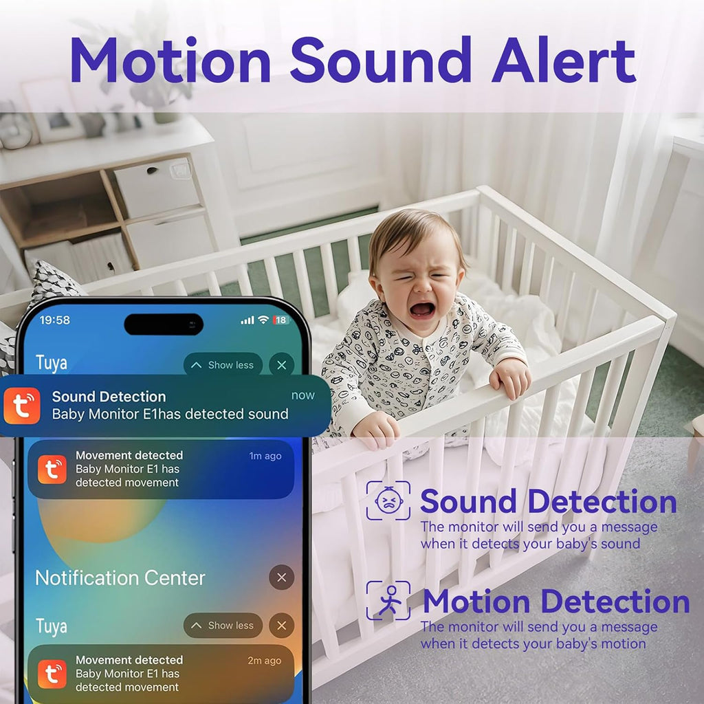 Baby Monitor Camera with Flexible Mount, 1080p 2.4GHz Wi-Fi, Requires Tuya Smart App, Color Night Vision, Sound/Motion Alerts, Temp Sensor, 2-Way Audio, Lullabies, Night Light, TF/Cloud Storage(32G)