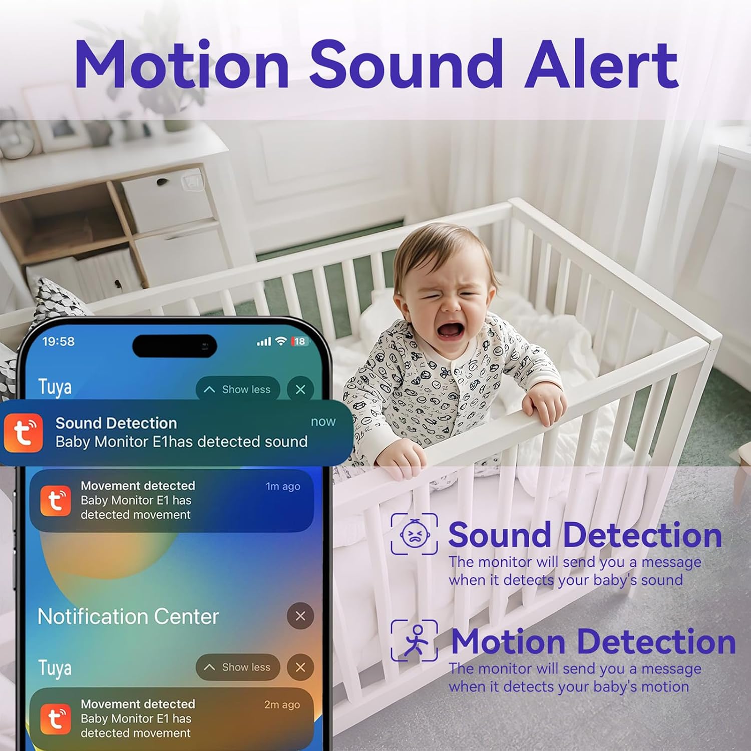 Baby Monitor Camera with Flexible Mount, 1080p 2.4GHz Wi-Fi, Requires Tuya Smart App, Color Night Vision, Sound/Motion Alerts, Temp Sensor, 2-Way Audio, Lullabies, Night Light, TF/Cloud Storage(32G)
