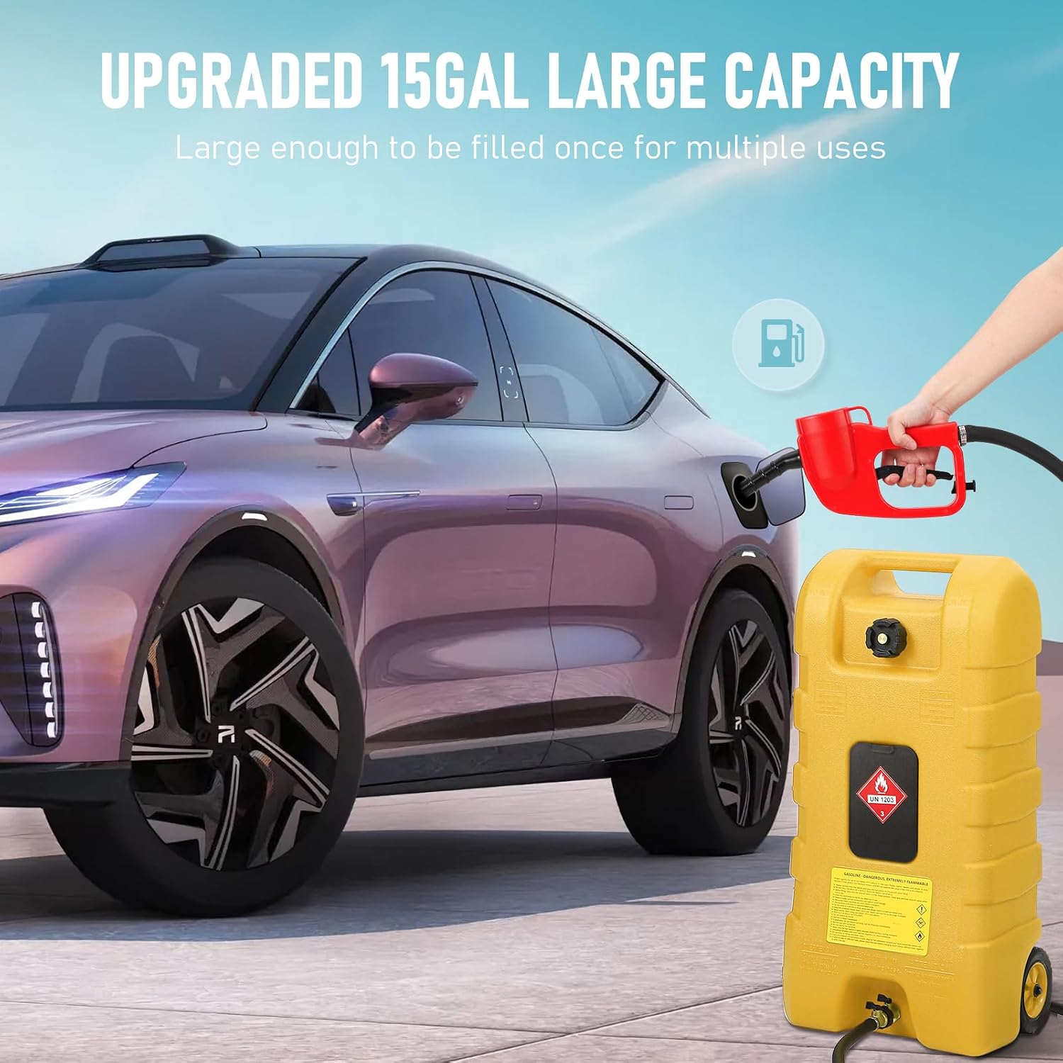 15 Gallon Gas Can, Fuel Tank Container with LE Fluid Transfer Manual Siphon Pump & 10FT Hose, Portable Diesel Gas Storage Caddy with Wheels for Car, ATV, Weeder, Boat, etc., Yellow