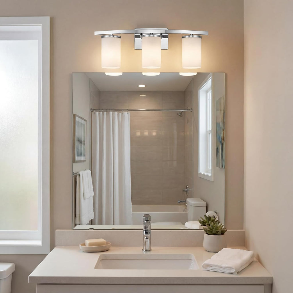 Kichler Crosby 23' Vanity Light in Chrome, 3-Light Contemporary Bathroom Light with Satin Etched Cased Opal Glass, (23' L x 8.75' H), 45497CH
