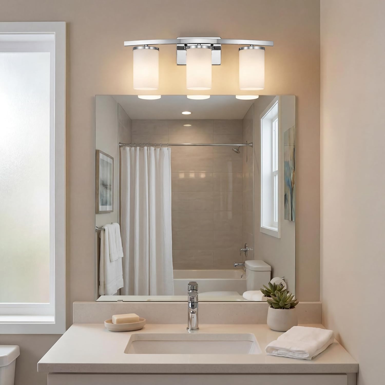 Kichler Crosby 23' Vanity Light in Chrome, 3-Light Contemporary Bathroom Light with Satin Etched Cased Opal Glass, (23' L x 8.75' H), 45497CH
