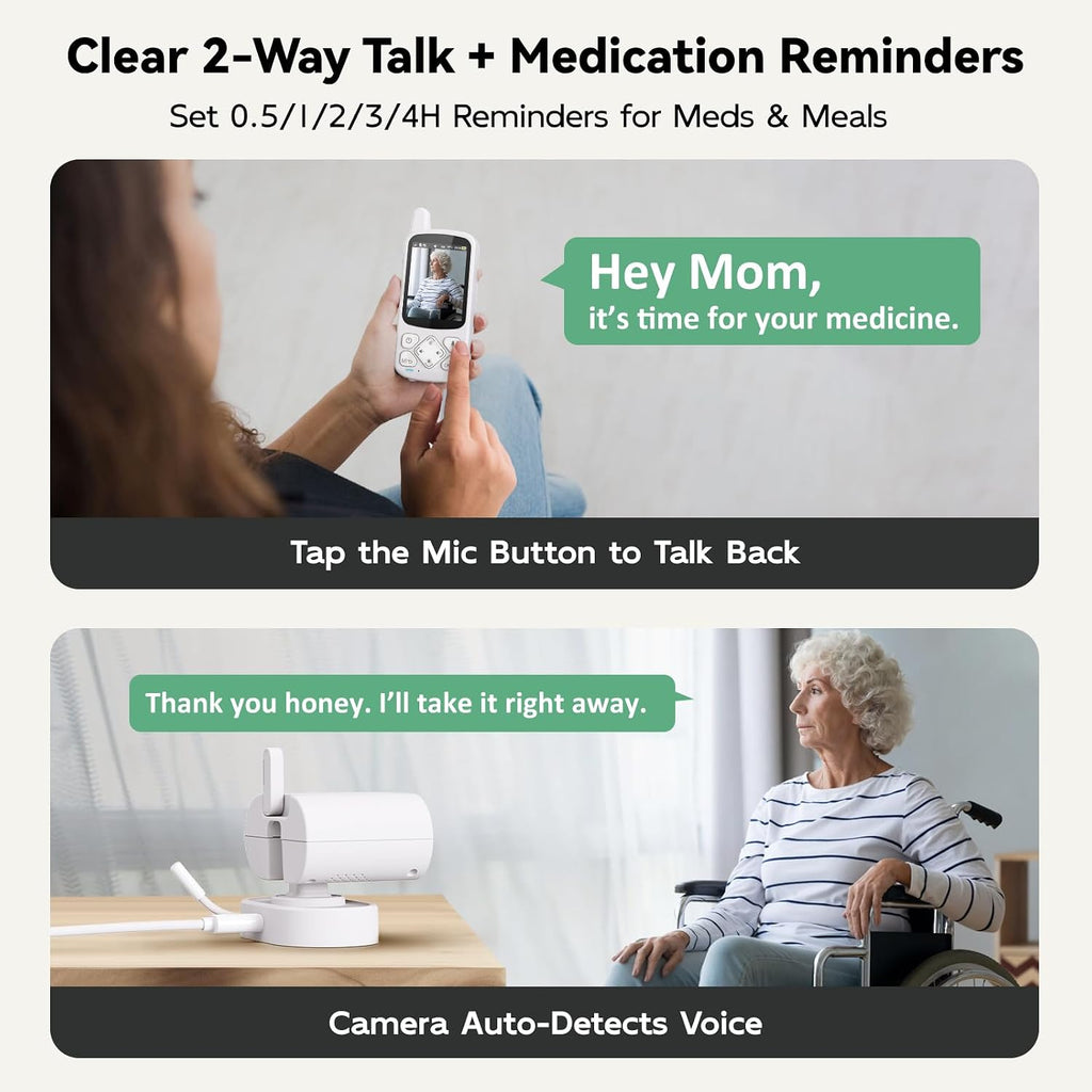 Elderly Monitor with Camera and Audio, 2-Way Talk Room Monitors for Elderly, Call Button, Med Reminder, Temp Monitoring, Night Vision, Pan-Tilt-Zoom Video Monitor for Elderly Care & Caregivers/No WiFi