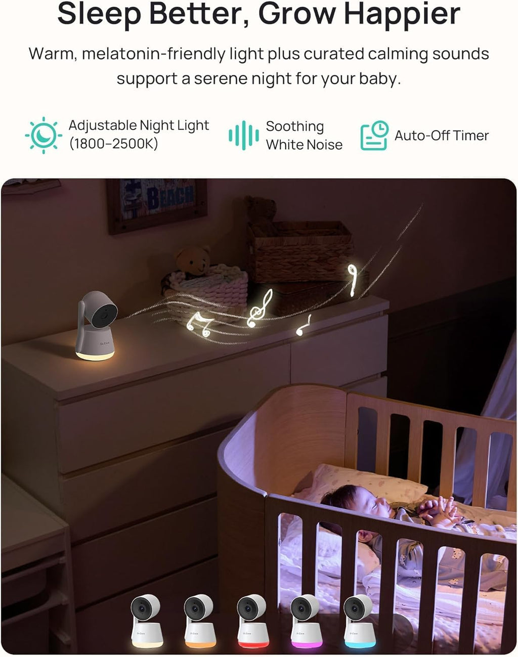 Dr.Care LumiView Smart WiFi Baby Monitor with Clip Mount - 5' 1080P FHD & 2K Camera App Control, Privacy Mode, 5000mAh Removable Battery, Cry & Motion Alerts, HD Night Vision, RGB Night Light