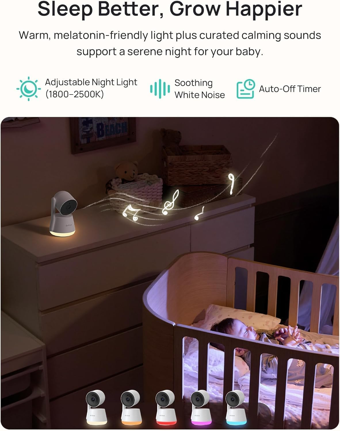 Dr.Care LumiView Smart WiFi Baby Monitor with Clip Mount - 5' 1080P FHD & 2K Camera App Control, Privacy Mode, 5000mAh Removable Battery, Cry & Motion Alerts, HD Night Vision, RGB Night Light