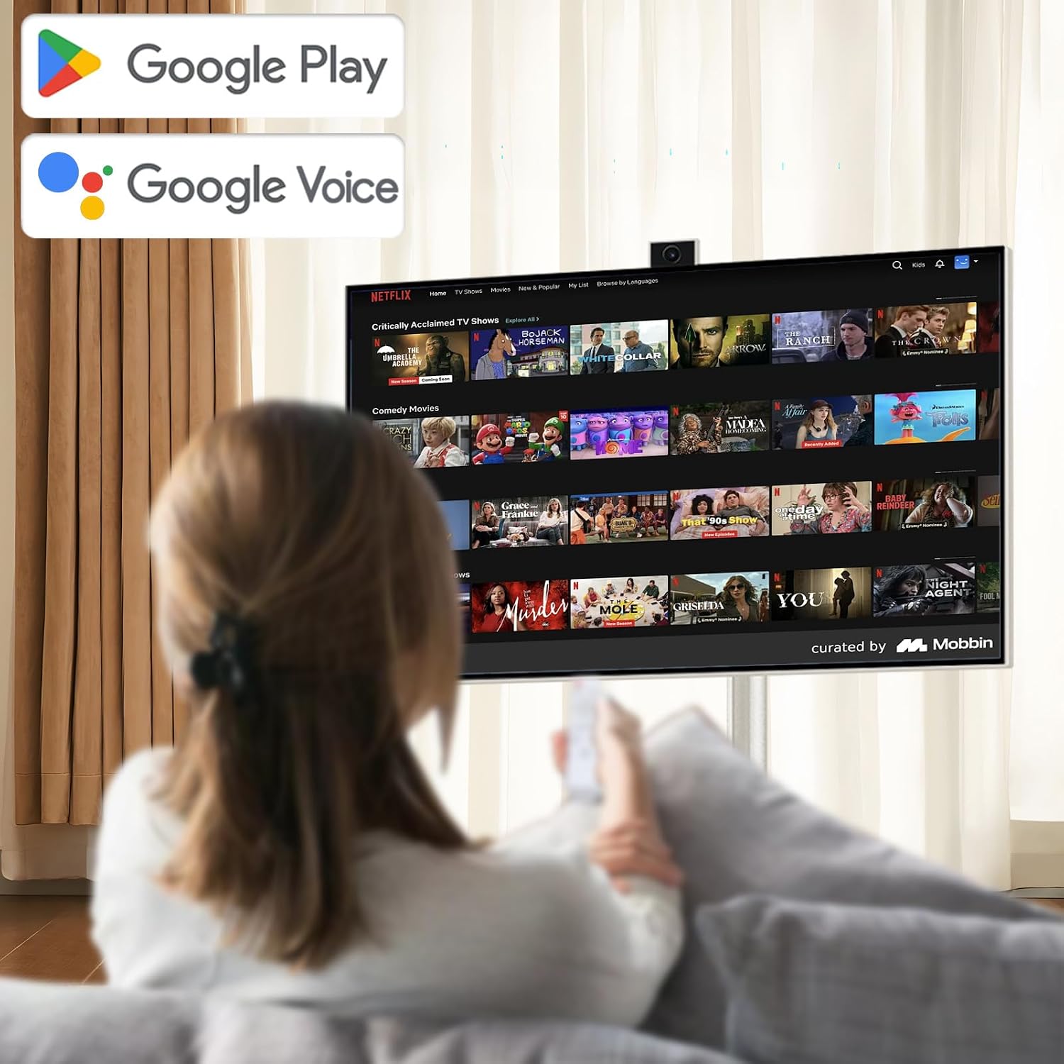 27' FHD Smart Portable TV, Rolling TV on Wheels, Android 15 OS, 6G +128GB Storage, Portable Touch Screen Monitor, 13MP Camera, Built-in Battery, 60Hz Refresh Rate, Full Swivel Rotation, Voice Remote