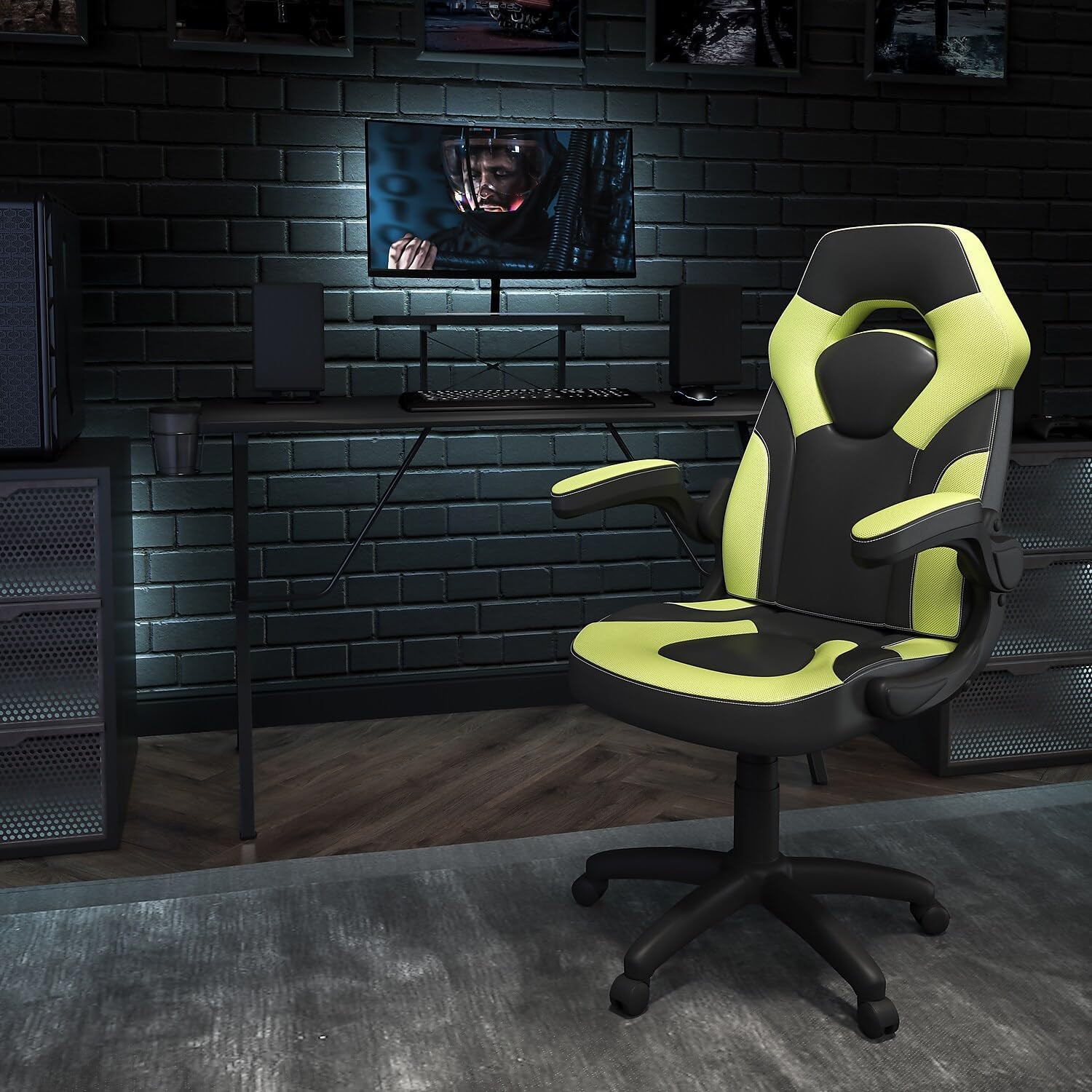 Flash Furniture Black Gaming Desk and Green/Black Racing Chair Set with Cup Holder, Headphone Hook, and Monitor/Smartphone Stand