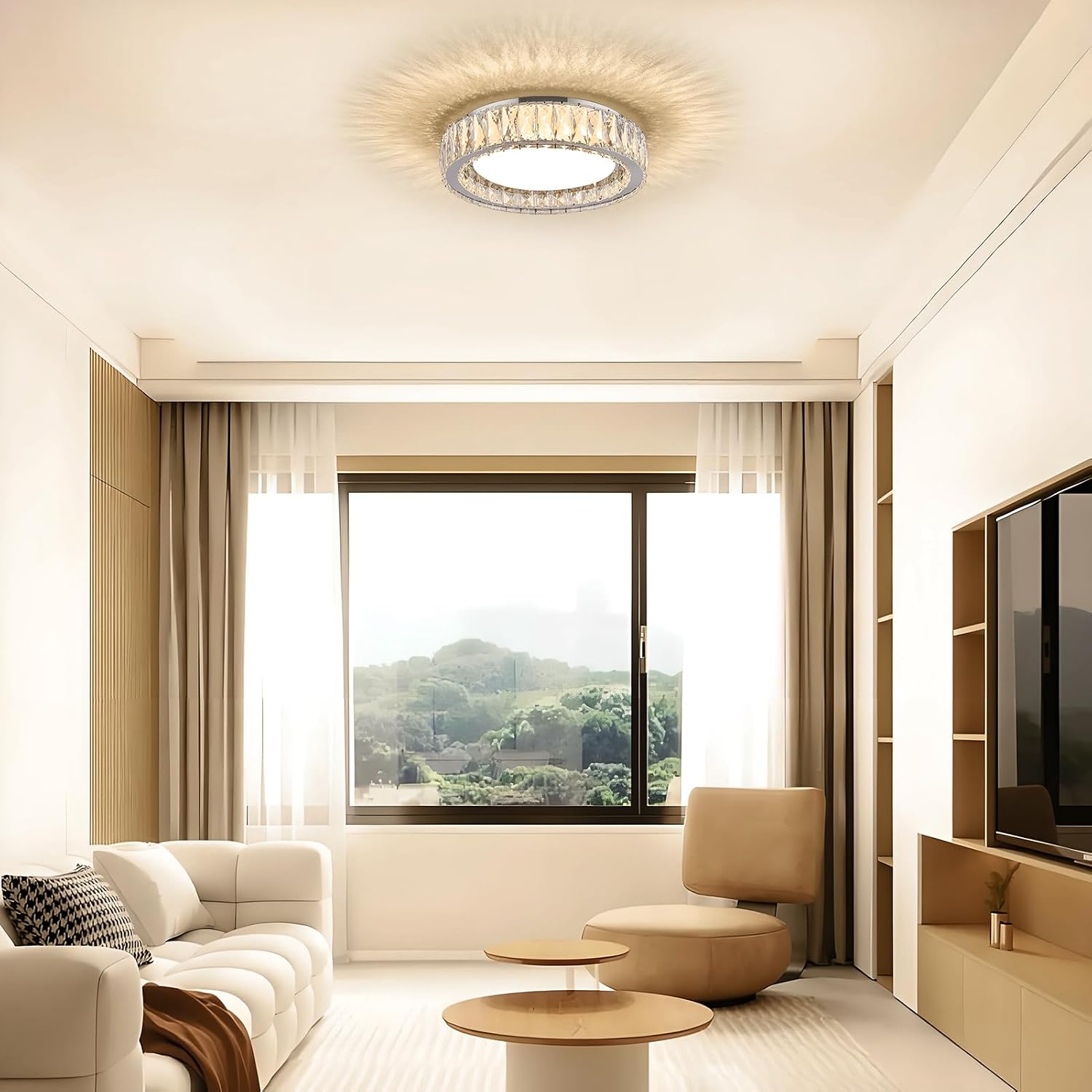 15 Inch Modern Chrome Crystal Flush Mount Chandelier,Dimmable LED 5CCT 3000K-6000K 36W,Large Round Luxury Close to Ceiling Light Fixtures for Living Room,Bedroom,Kitchen,Dining Room