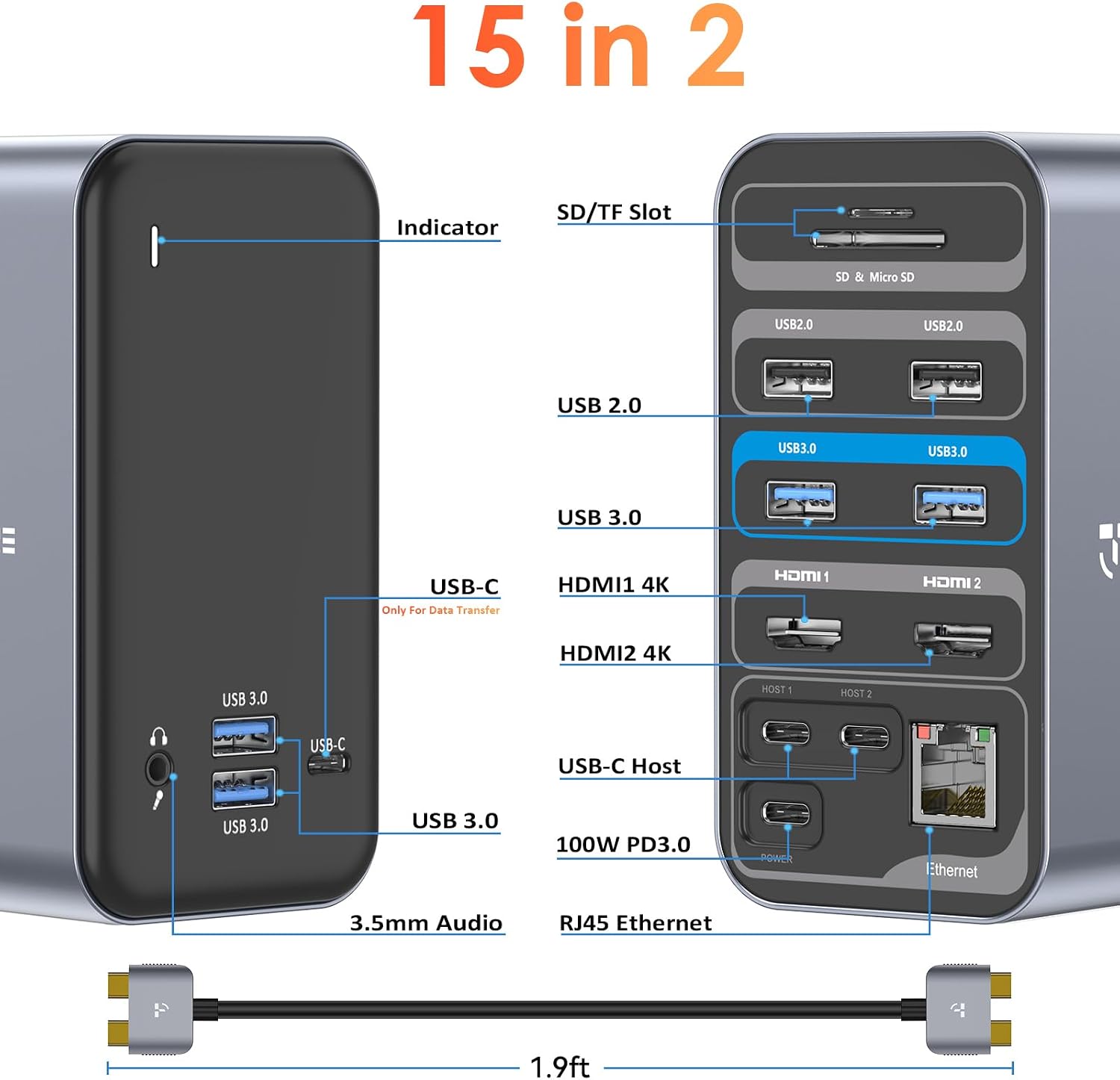 USB C Docking Station Dual Monitor for MacBook Pro, 16 in 2 USB C Laptop Docking Station Dual Monitor HDMI for MacBook Pro/Air with 2 4K HDMI Display, 6 USB A,USB C, SD&Micro SD,LAN, 87W PD 3.0