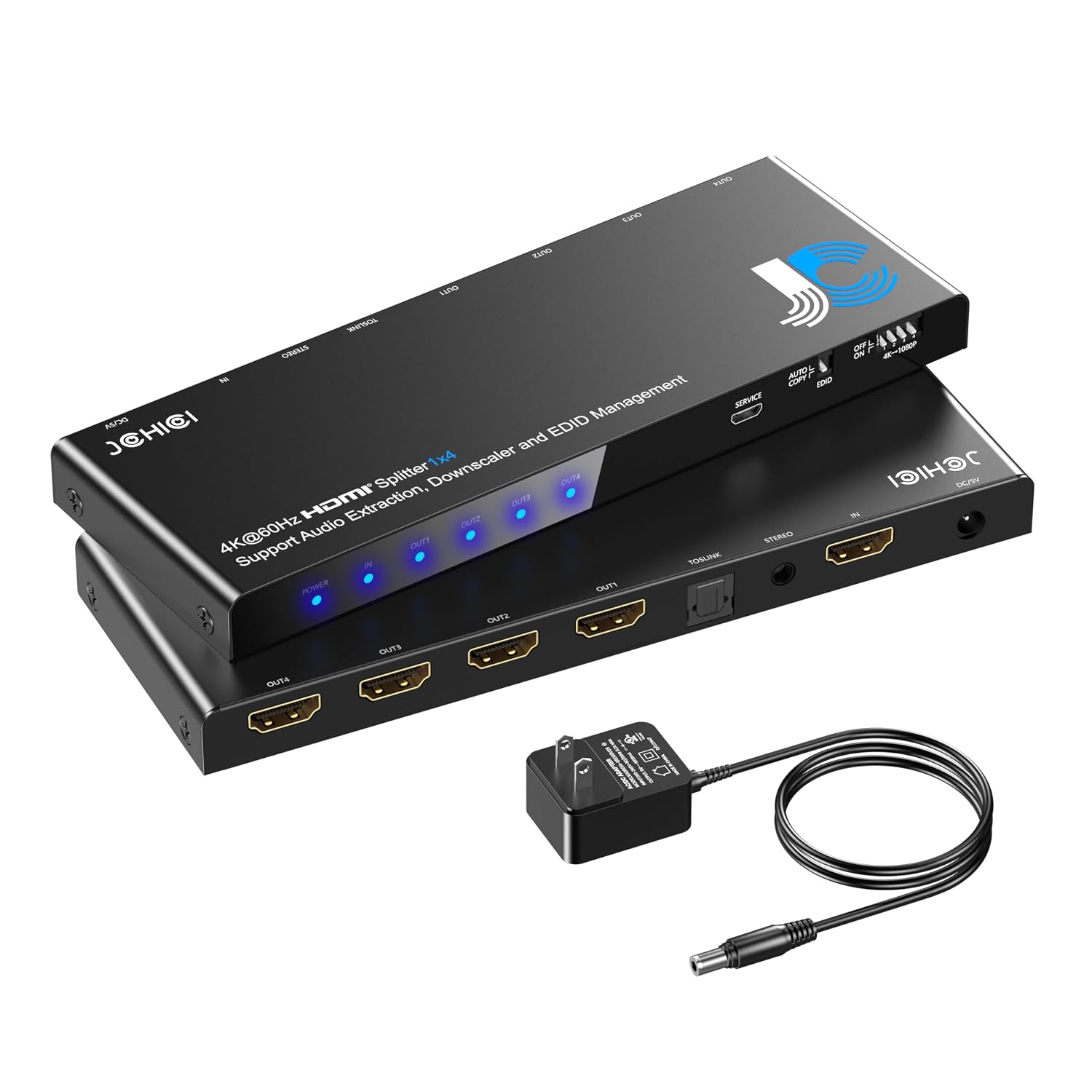 1x4 HDMI Splitter 4K@60Hz 4:4:4 HDR - with Audio Extractor (Optical/3.5mm), HDMI Switcher Splitter with EDID Management & Downscaler, HDCP 2.2 Compatible for PS5/Xbox/Apple TV (18Gbps)